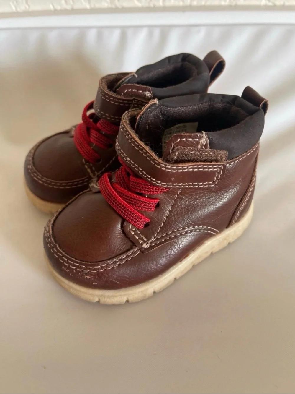 Toddler Brown Faux Leather Boots Size 3 Red Laces